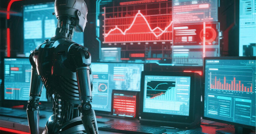 Server futuristik dengan monitor analitik yang menunjukkan grafik dan data real-time, menampilkan pusat data modern yang canggih.
