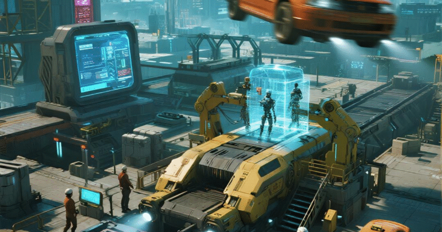 Kota futuristik dengan kendaraan terbang, robot, dan stasiun transportasi yang menampilkan teknologi canggih di lingkungan urban.