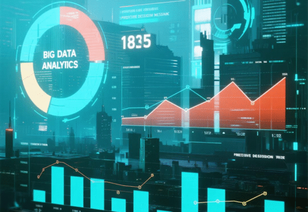 Ilustrasi data analitik besar dengan grafik dan informasi digital di latar belakang kota futuristik.