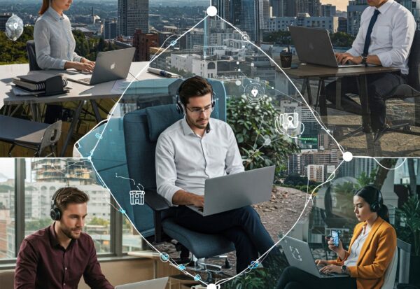 kolase orang-orang yang bekerja di berbagai lokasi dengan laptop, dilengkapi headset dan visual data digital.