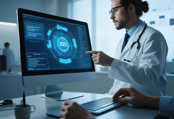 Seorang profesional medis berdiri di depan komputer, menunjukkan data futuristik di layar dengan informasi tahun 2025.