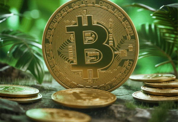 Koin Bitcoin berdiri di antara koin-koin lainnya di latar belakang hijau alami.