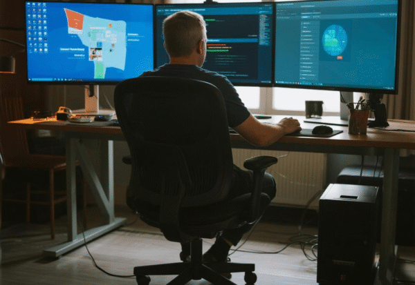 Seorang programmer duduk di belakang meja dengan tiga monitor yang menampilkan data dan kode.