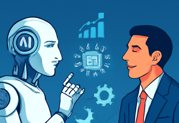 Seorang profesional bisnis berdiskusi dengan robot AI di depan laptop, dengan grafik pertumbuhan dan simbol inovasi di latar belakang.