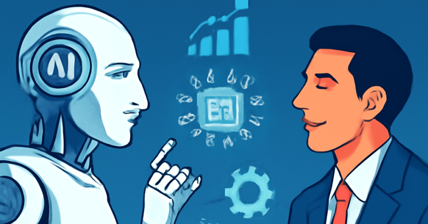 Seorang profesional bisnis berdiskusi dengan robot AI di depan laptop, dengan grafik pertumbuhan dan simbol inovasi di latar belakang.