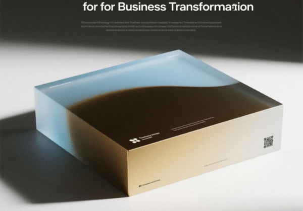 Sebuah kotak modern yang diterangi dengan warna gradasi, mewakili konsep adopsi teknologi untuk transformasi bisnis.