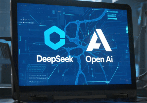 Logo DeepSeek dan OpenAI ditampilkan di layar laptop dengan latar belakang digital futuristik.