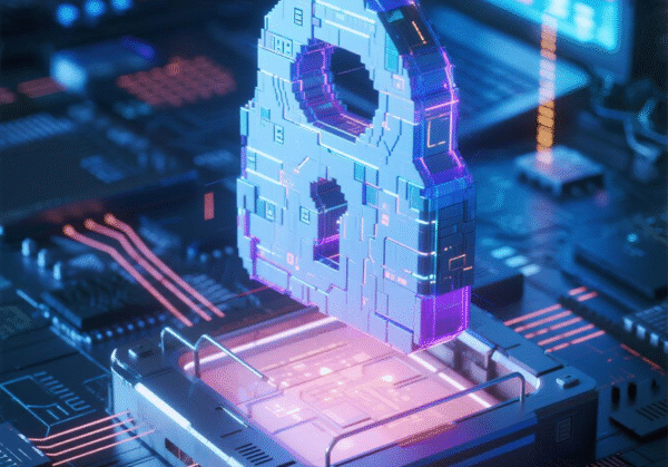 Gambar kunci digital yang terangkat di atas sirkuit komputer dengan cahaya neon.