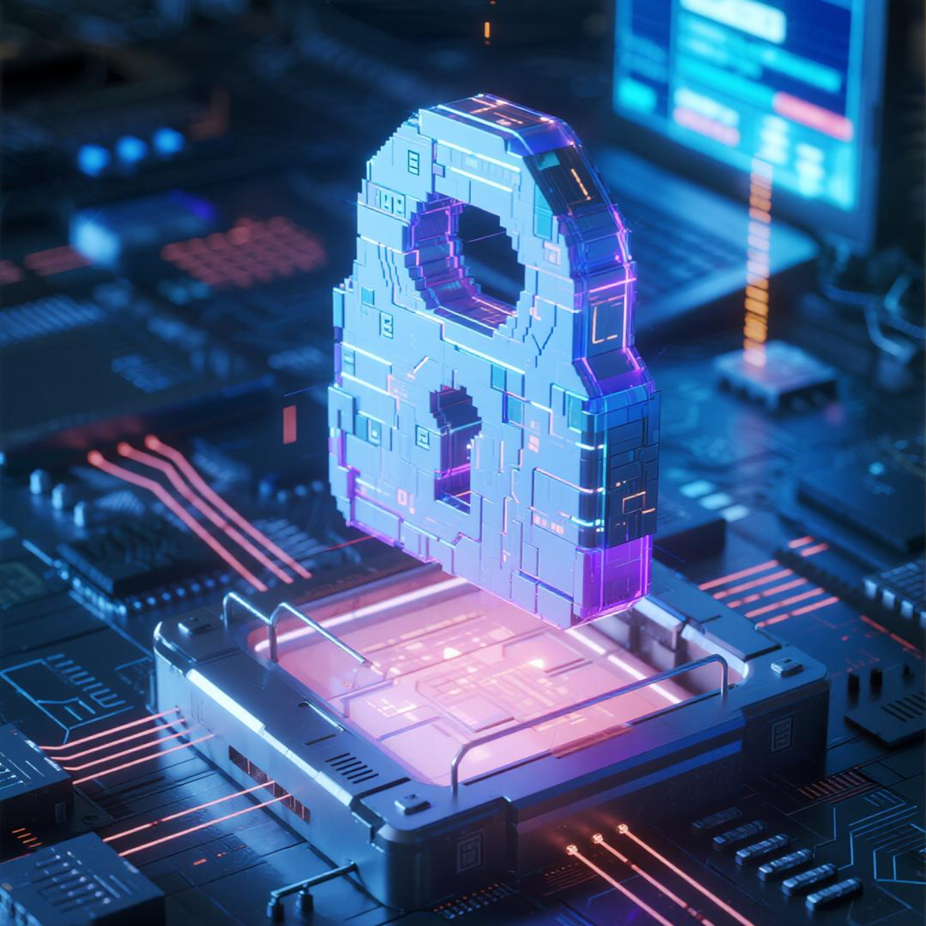 Gambar kunci digital yang terangkat di atas sirkuit komputer dengan cahaya neon.