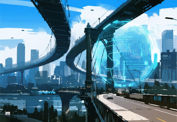 Lanskap Urban Futuristik dengan Elemen Holografik Pemandangan kota futuristik dengan jembatan melengkung dan globe holografik di atas gedung-gedung tinggi.