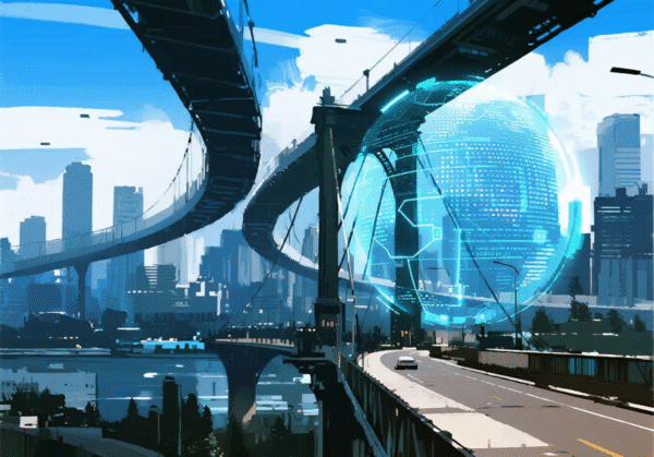 Pemandangan kota futuristik dengan jembatan melengkung dan globe holografik di atas gedung-gedung tinggi.
