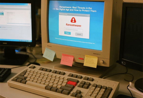 Peringatan Ransomware di Ruang Kerja Digital Sebuah komputer menampilkan peringatan ransomware dengan ikon gembok merah dan pesan peringatan, menunjukkan ancaman ransomware di ruang kerja digital.