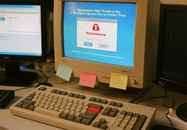 Sebuah komputer menampilkan peringatan ransomware dengan ikon gembok merah dan pesan peringatan, menunjukkan ancaman ransomware di ruang kerja digital.