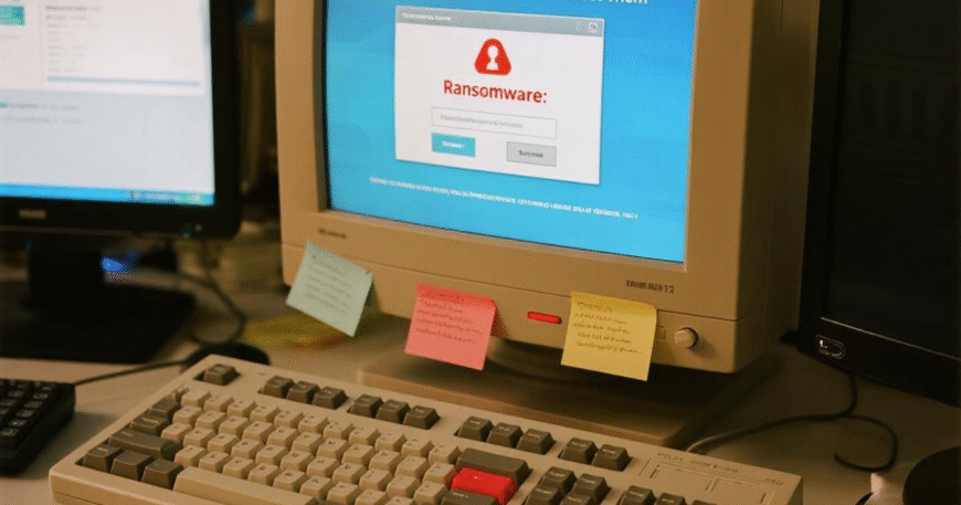 Sebuah komputer menampilkan peringatan ransomware dengan ikon gembok merah dan pesan peringatan, menunjukkan ancaman ransomware di ruang kerja digital.