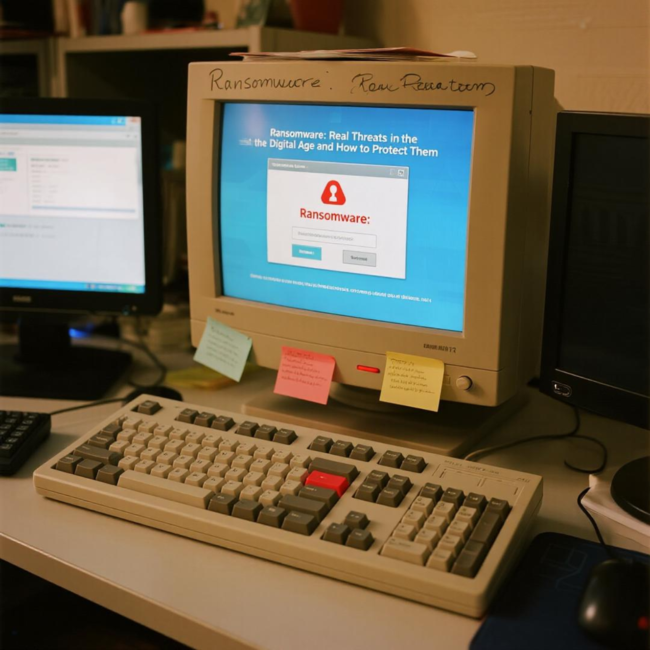 Sebuah komputer menampilkan peringatan ransomware dengan ikon gembok merah dan pesan peringatan, menunjukkan ancaman ransomware di ruang kerja digital.