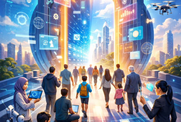 Antarmuka Visual: Membuka Gerbang Inovasi untuk Semua Orang Sekelompok orang yang beragam mendekati gerbang bercahaya menuju kota futuristik dengan tampilan teknologi holografis, mewakili inovasi dan persatuan.