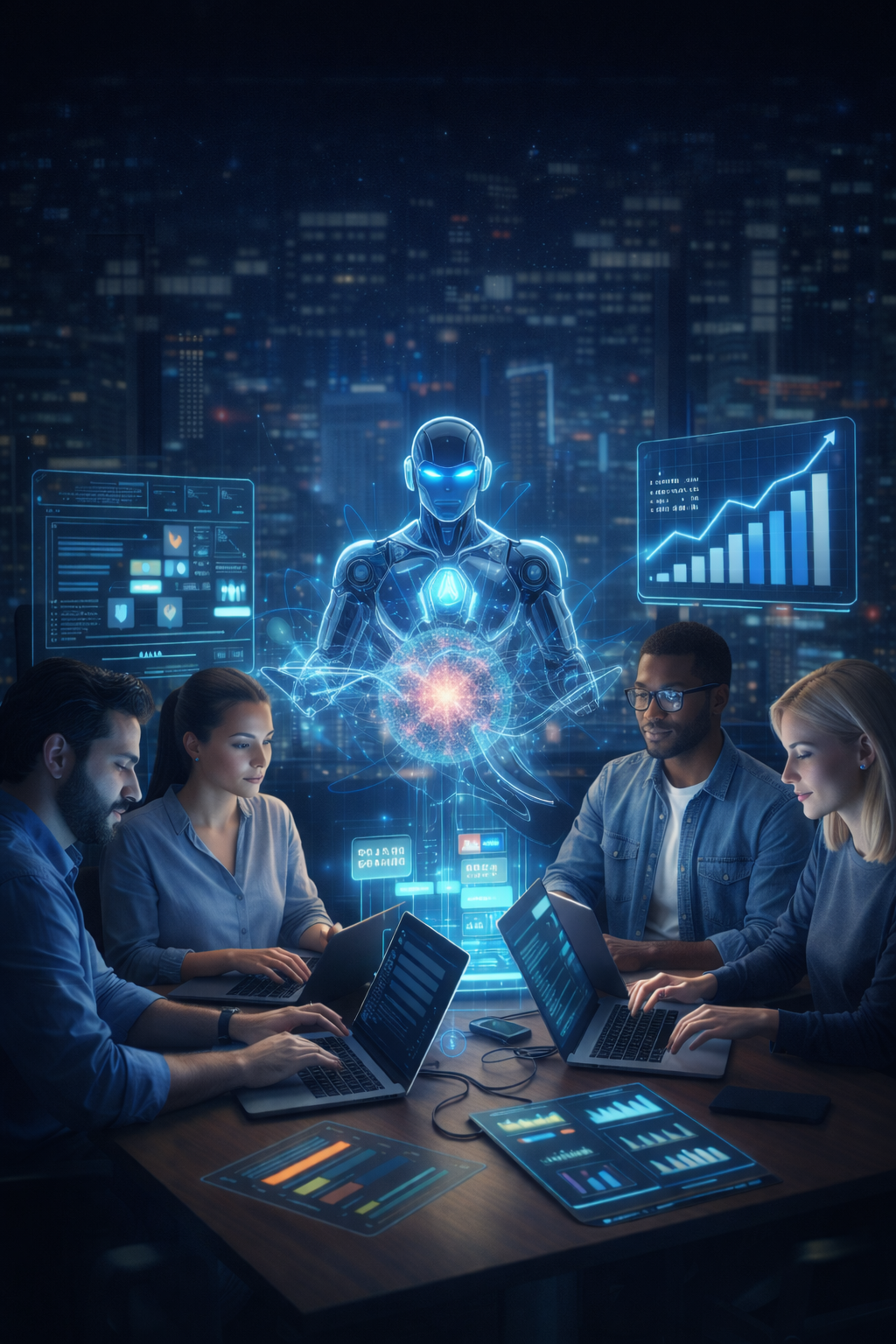 Empat profesional teknologi dari berbagai latar belakang bekerja bersama di meja, dengan AI hologram bercahaya sebagai co-pilot, dikelilingi oleh visualisasi data seperti grafik dan diagram.