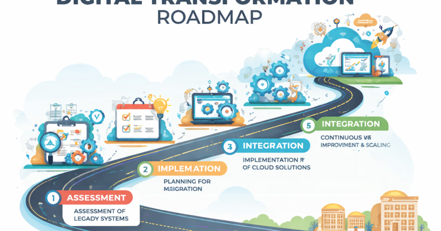Roadmap transformasi digital yang menunjukkan langkah-langkah dari sistem legacy menuju solusi cloud.