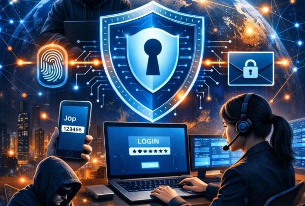 Keamanan Digital: Prioritas Utama di Dunia yang Semakin Terhubung keamanan siber: perisai digital bercahaya dengan lubang kunci di tengah jaringan koneksi global, ikon cloud ber-gembok, sidik jari, login, dan seorang peretas di bayangan berhadapan dengan analis keamanan.