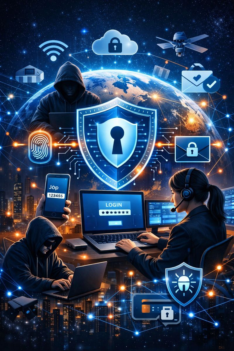 keamanan siber: perisai digital bercahaya dengan lubang kunci di tengah jaringan koneksi global, ikon cloud ber-gembok, sidik jari, login, dan seorang peretas di bayangan berhadapan dengan analis keamanan.