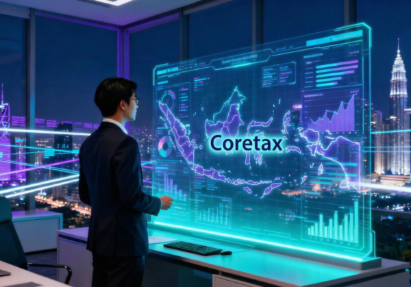 Analis pajak melihat dashboard digital Coretax menampilkan peta Indonesia dan grafik data perpajakan di kantor modern malam hari