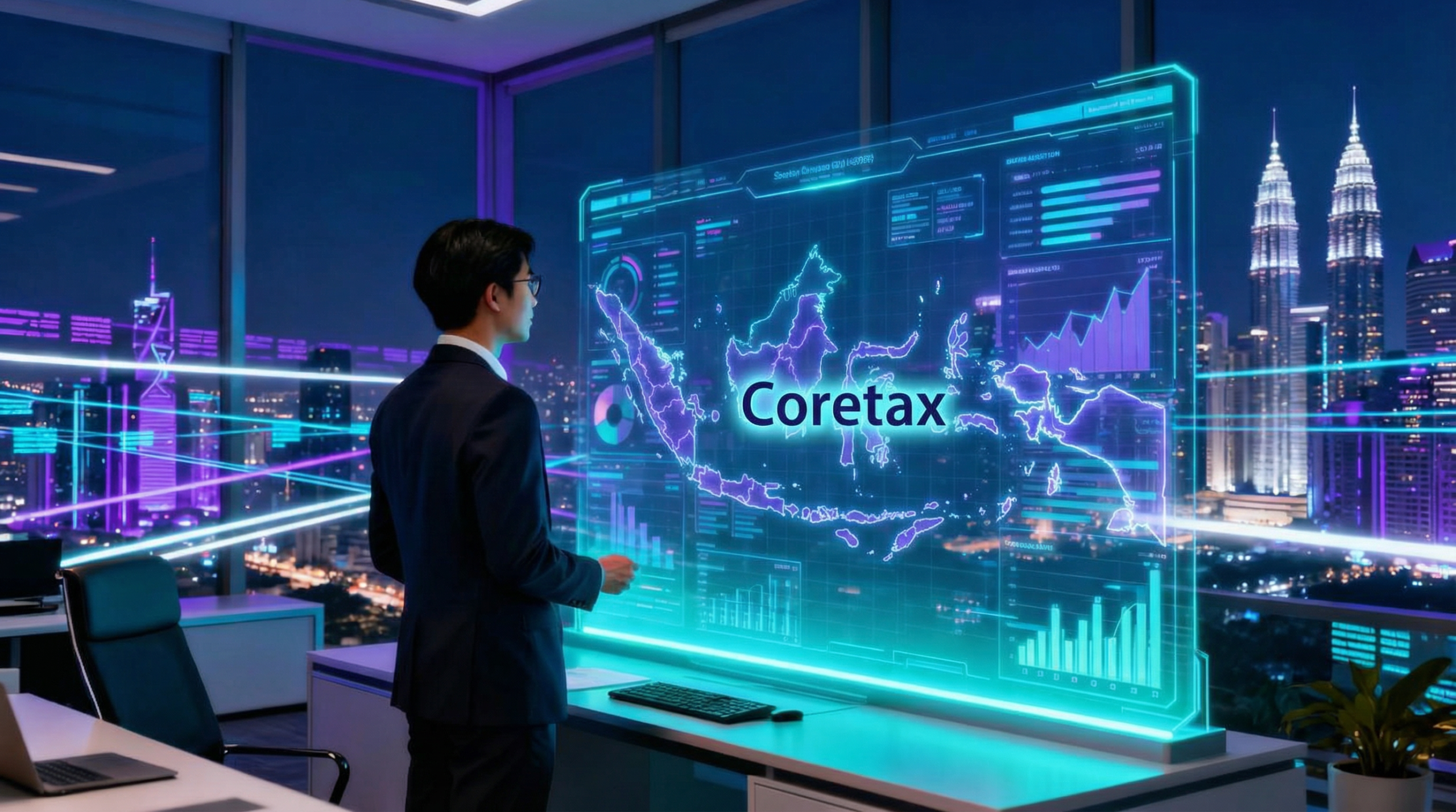 Analis pajak melihat dashboard digital Coretax menampilkan peta Indonesia dan grafik data perpajakan di kantor modern malam hari