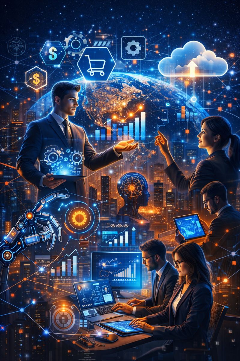transformasi digital: para profesional bisnis berinteraksi dengan tampilan holografik, grafik pertumbuhan, ikon cloud, AI, e-commerce, dan analitik di atas latar kota futuristik dengan globe digital yang saling terhubung.