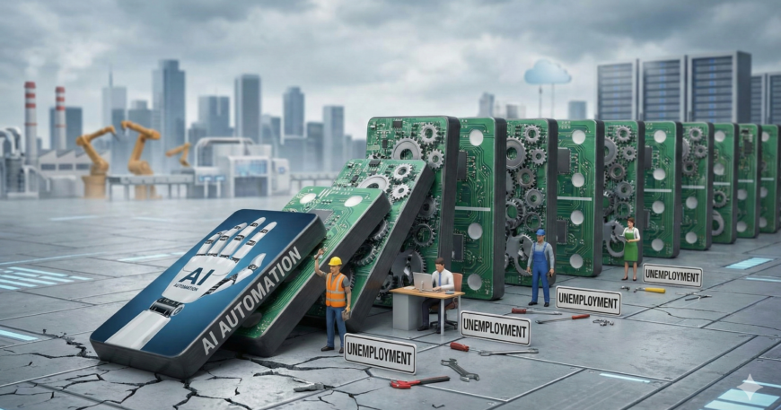 Ilustrasi barisan domino berbentuk sirkuit komputer yang jatuh menimpa pekerja manusia, melambangkan risiko otomatisasi AI terhadap lapangan kerja.