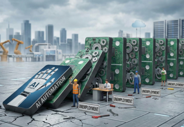 Ilustrasi barisan domino berbentuk sirkuit komputer yang jatuh menimpa pekerja manusia, melambangkan risiko otomatisasi AI terhadap lapangan kerja.