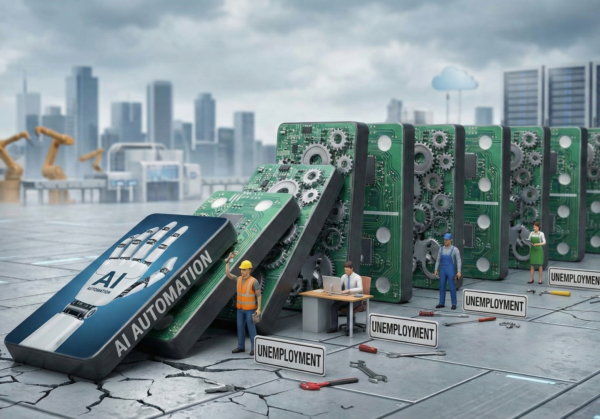 Ilustrasi barisan domino berbentuk sirkuit komputer yang jatuh menimpa pekerja manusia, melambangkan risiko otomatisasi AI terhadap lapangan kerja.