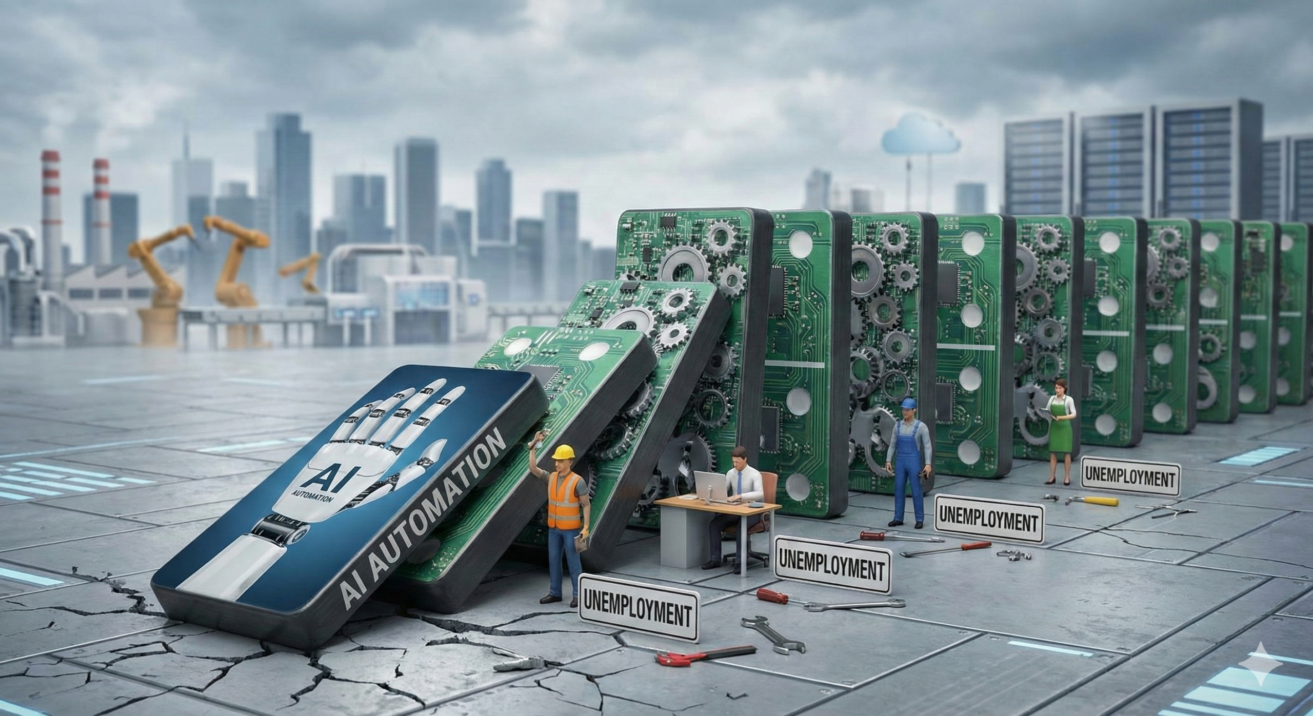 Ilustrasi barisan domino berbentuk sirkuit komputer yang jatuh menimpa pekerja manusia, melambangkan risiko otomatisasi AI terhadap lapangan kerja.