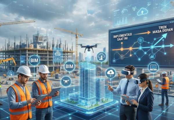 Visualisasi modern manajemen proyek AEC yang mengintegrasikan teknologi BIM, drone, dan perangkat VR untuk efisiensi konstruksi.