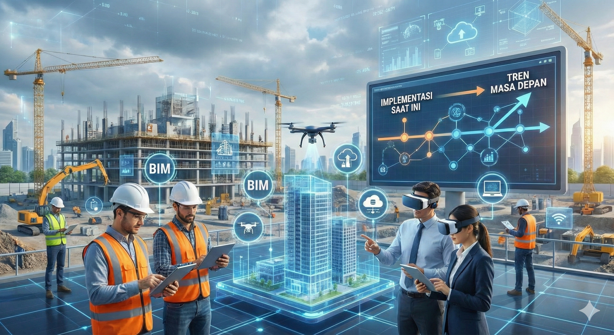 Visualisasi modern manajemen proyek AEC yang mengintegrasikan teknologi BIM, drone, dan perangkat VR untuk efisiensi konstruksi.