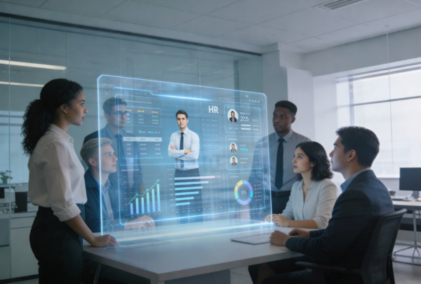 Transformasi Sistem HRIS 2026 – Solusi Digital untuk SDM Modern Tim profesional sedang berdiskusi di ruang kantor modern dengan tampilan holografik sistem HR digital di depan mereka.
