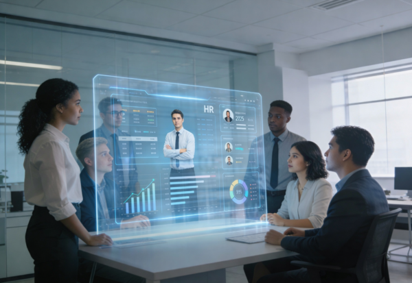 Tim profesional sedang berdiskusi di ruang kantor modern dengan tampilan holografik sistem HR digital di depan mereka.