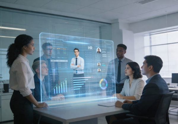 Tim profesional sedang berdiskusi di ruang kantor modern dengan tampilan holografik sistem HR digital di depan mereka.