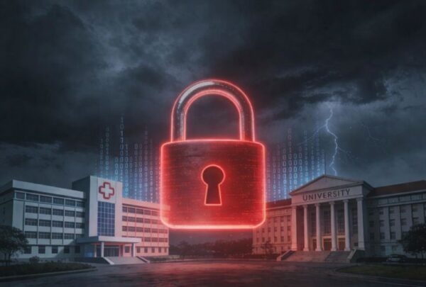 Waspada Serangan Ransomware Double Extortion di Sektor Pendidikan dan Kesehatan Indonesia Ilustrasi gembok digital merah dengan latar gedung universitas dan rumah sakit yang menggambarkan ancaman serangan ransomware double extortion pada sektor pendidikan dan kesehatan di Indonesia.