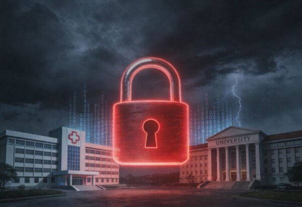 Ilustrasi gembok digital merah dengan latar gedung universitas dan rumah sakit yang menggambarkan ancaman serangan ransomware double extortion pada sektor pendidikan dan kesehatan di Indonesia.