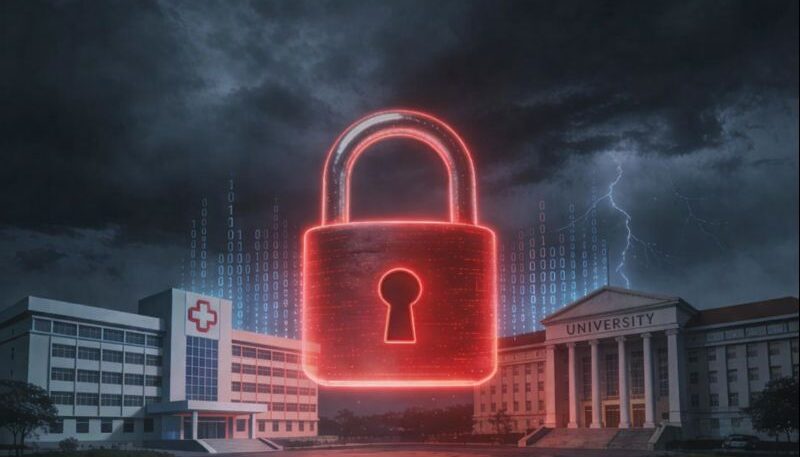 Ilustrasi gembok digital merah dengan latar gedung universitas dan rumah sakit yang menggambarkan ancaman serangan ransomware double extortion pada sektor pendidikan dan kesehatan di Indonesia.