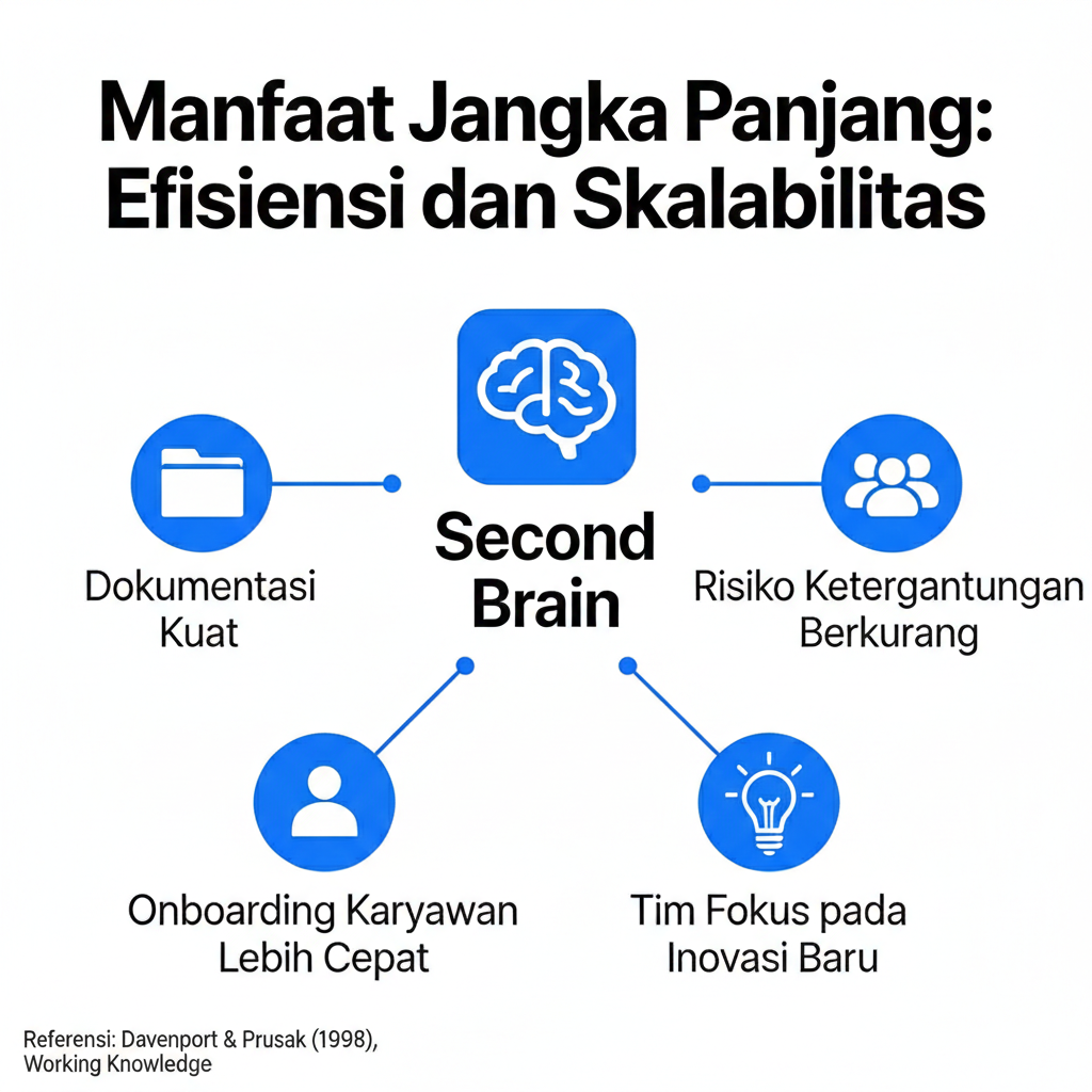 "Manfaat Jangka Panjang: Efisiensi dan Skalabilitas" yang menampilkan diagram konsep "Second Brain" dengan empat poin utama: Dokumentasi Kuat, Risiko Ketergantungan Berkurang, Onboarding Karyawan Lebih Cepat, dan Tim Fokus pada Inovasi Baru.