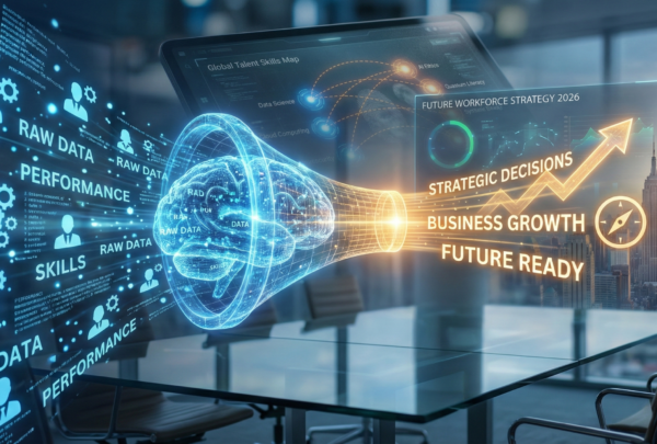 Ilustrasi futuristik di ruang rapat modern yang menunjukkan aliran data mentah pegawai, seperti kinerja dan keterampilan, masuk ke dalam corong analitik holografik berbentuk otak bercahaya, yang kemudian menghasilkan output berupa panah pertumbuhan bisnis dan teks "Strategic Decisions".