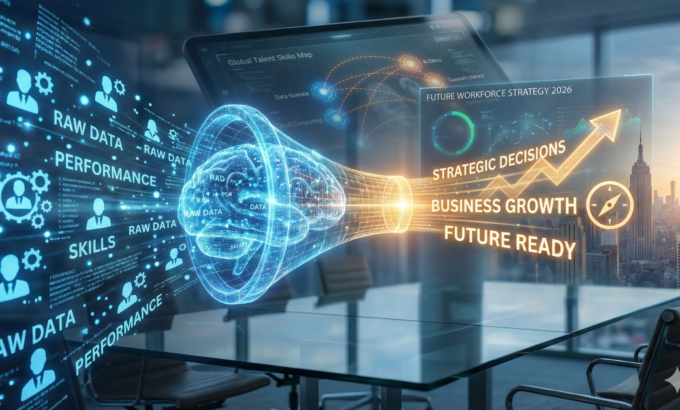 Ilustrasi futuristik di ruang rapat modern yang menunjukkan aliran data mentah pegawai, seperti kinerja dan keterampilan, masuk ke dalam corong analitik holografik berbentuk otak bercahaya, yang kemudian menghasilkan output berupa panah pertumbuhan bisnis dan teks "Strategic Decisions".