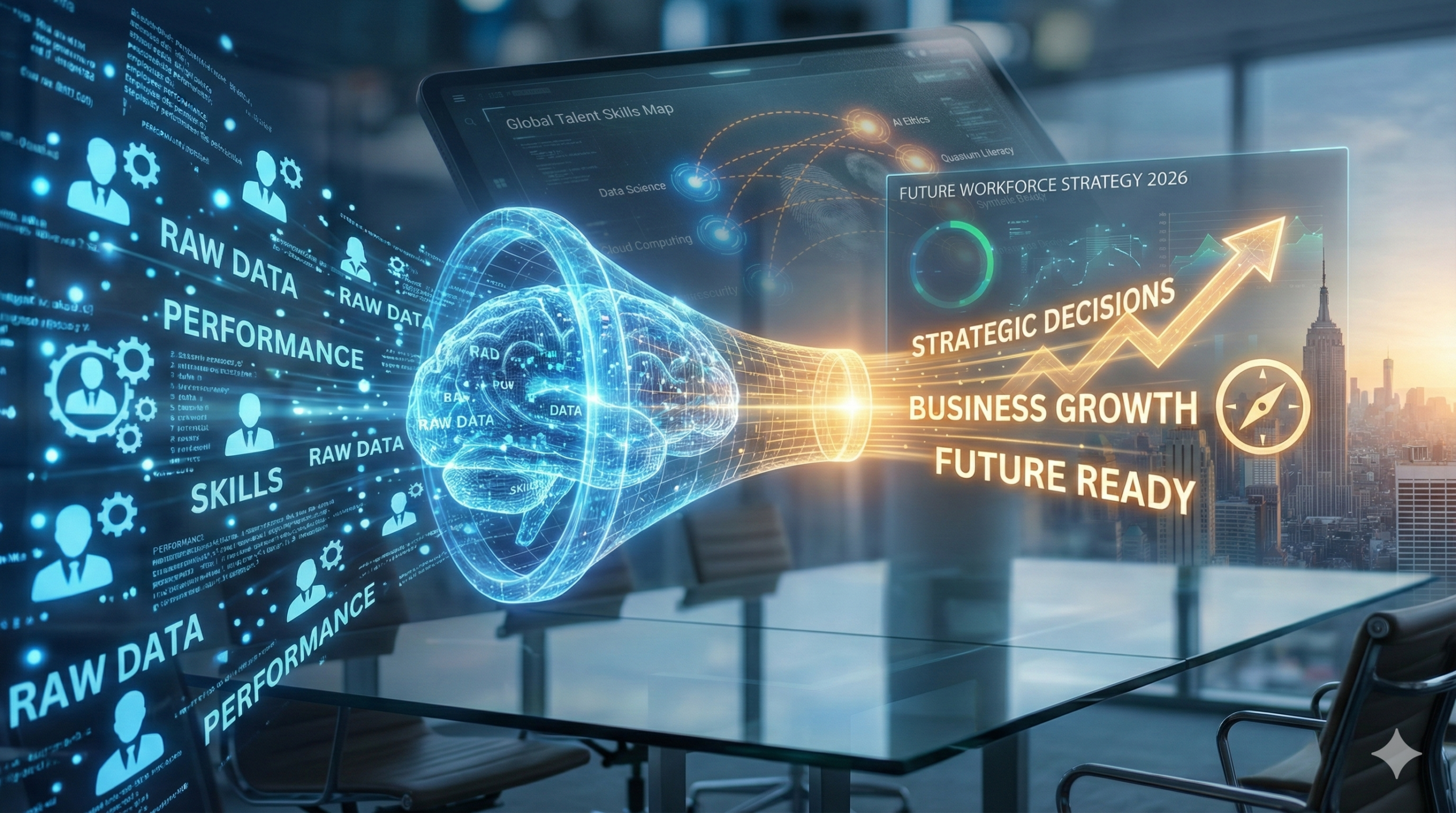 Ilustrasi futuristik di ruang rapat modern yang menunjukkan aliran data mentah pegawai, seperti kinerja dan keterampilan, masuk ke dalam corong analitik holografik berbentuk otak bercahaya, yang kemudian menghasilkan output berupa panah pertumbuhan bisnis dan teks "Strategic Decisions".