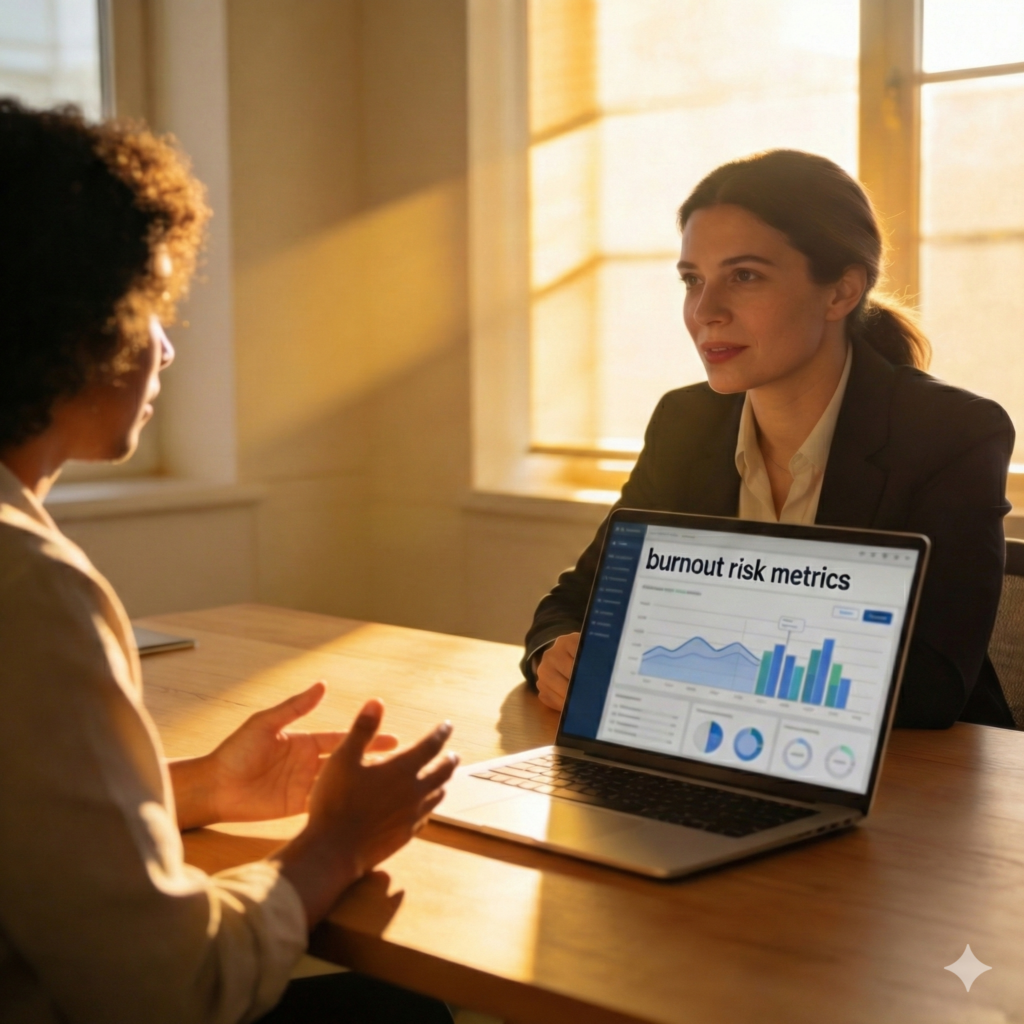 Dua wanita sedang duduk berhadapan di meja kayu dalam kantor yang disinari cahaya matahari keemasan. Salah satu wanita, yang bertindak sebagai manajer HR, mendengarkan dengan penuh empati. Di latar depan, sebuah laptop terbuka menampilkan layar dasbor analitik dengan judul "burnout risk metrics" beserta berbagai grafik.
