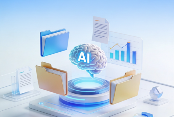 Ilustrasi 3D otak digital bercahaya dengan logo AI yang dikelilingi oleh folder dokumen terbang dan grafik data di atas platform teknologi modern.