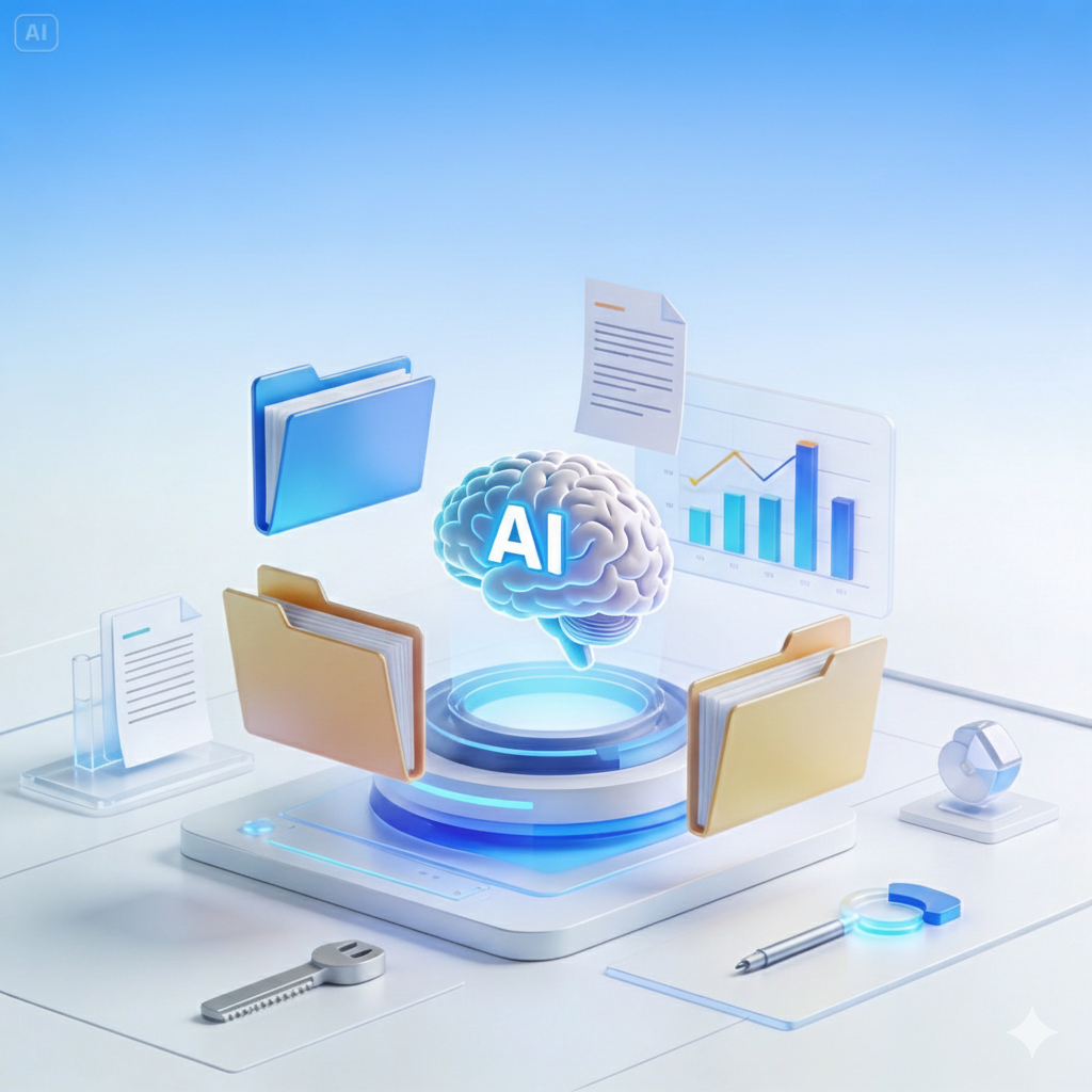 Ilustrasi 3D otak digital bercahaya dengan logo AI yang dikelilingi oleh folder dokumen terbang dan grafik data di atas platform teknologi modern.