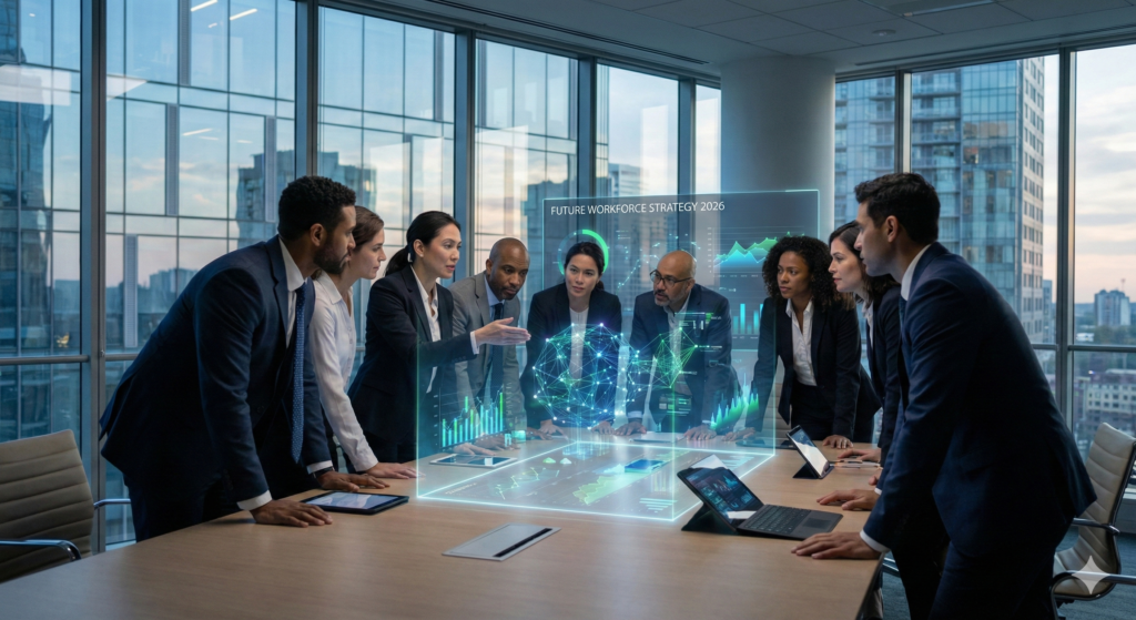 Foto bergaya dokumenter dari pertemuan eksekutif tingkat tinggi di kantor modern dengan jendela setinggi langit-langit saat senja. Kelompok pemimpin korporat yang beragam sedang menganalisis tampilan holografik transparan besar yang memproyeksikan data dan model "FUTURE WORKFORCE STRATEGY 2026".