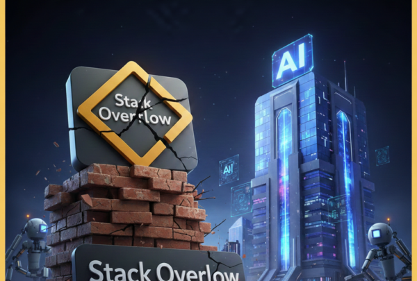Ilustrasi perbandingan antara logo Stack Overflow yang retak di atas tumpukan bata dengan gedung pencakar langit modern berlogo AI yang bercahaya.