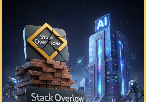 Ilustrasi perbandingan antara logo Stack Overflow yang retak di atas tumpukan bata dengan gedung pencakar langit modern berlogo AI yang bercahaya.