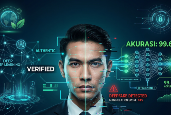 Ilustrasi pemindaian wajah biometrik oleh kecerdasan buatan, menampilkan metrik akurasi 99,6% dan analisis jaringan saraf tiruan untuk mendeteksi manipulasi video deepfake.
